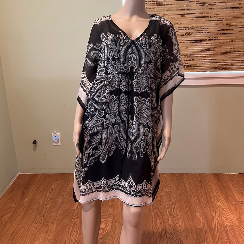 Club Collection Black Slip Dress With Black And White Sheer Caftan Overlay L